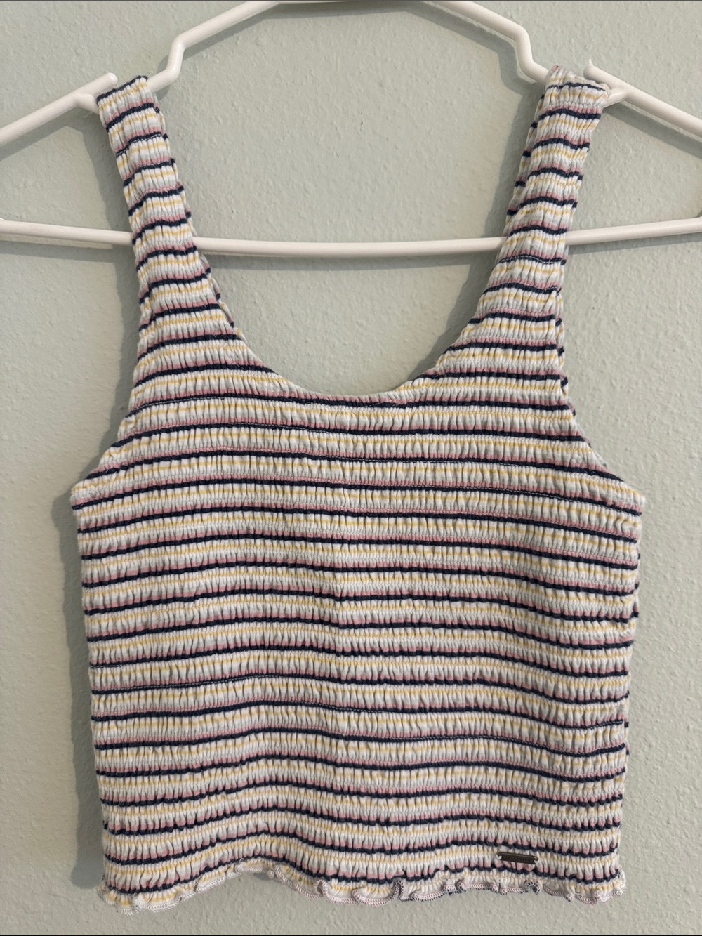 Hollister Striped Smocked Tank Top in White, Navy, Yellow, & Pale Green